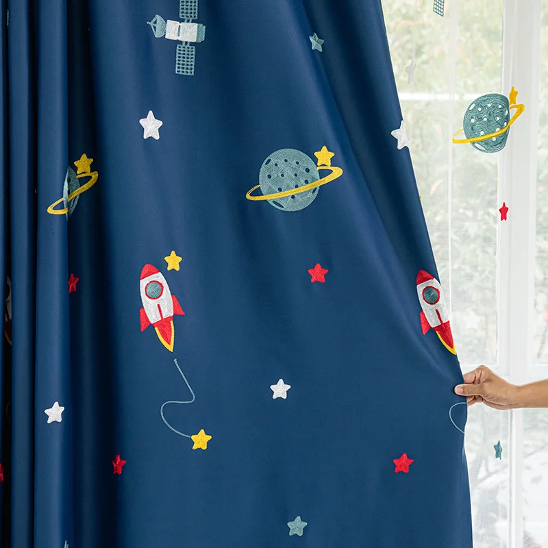 Blackout Curtain Nursery - niebieski kreskówka rakieta statek kosmiczny zasłony