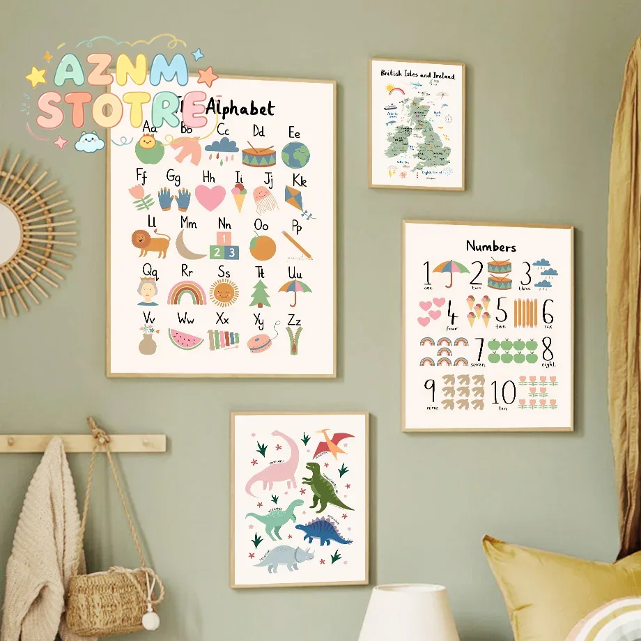 Baby Nursery Images - Карта мира животных, динозавры, алфавит, цифры,